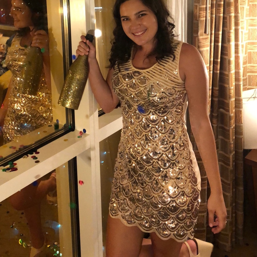 Gold sequined scalloped dress